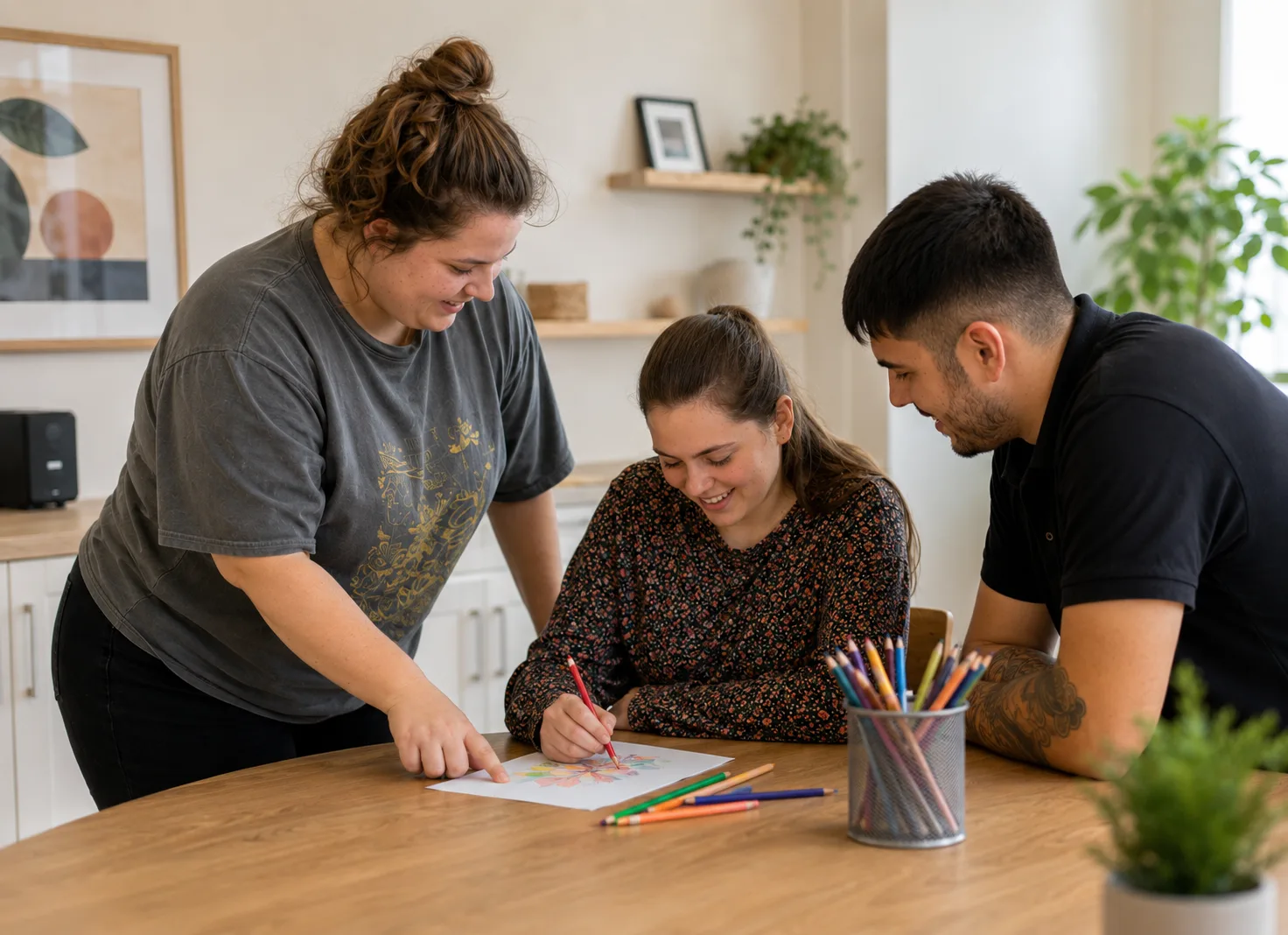 Three adults around a table, one colouring a drawing with pencils while the other two look on.