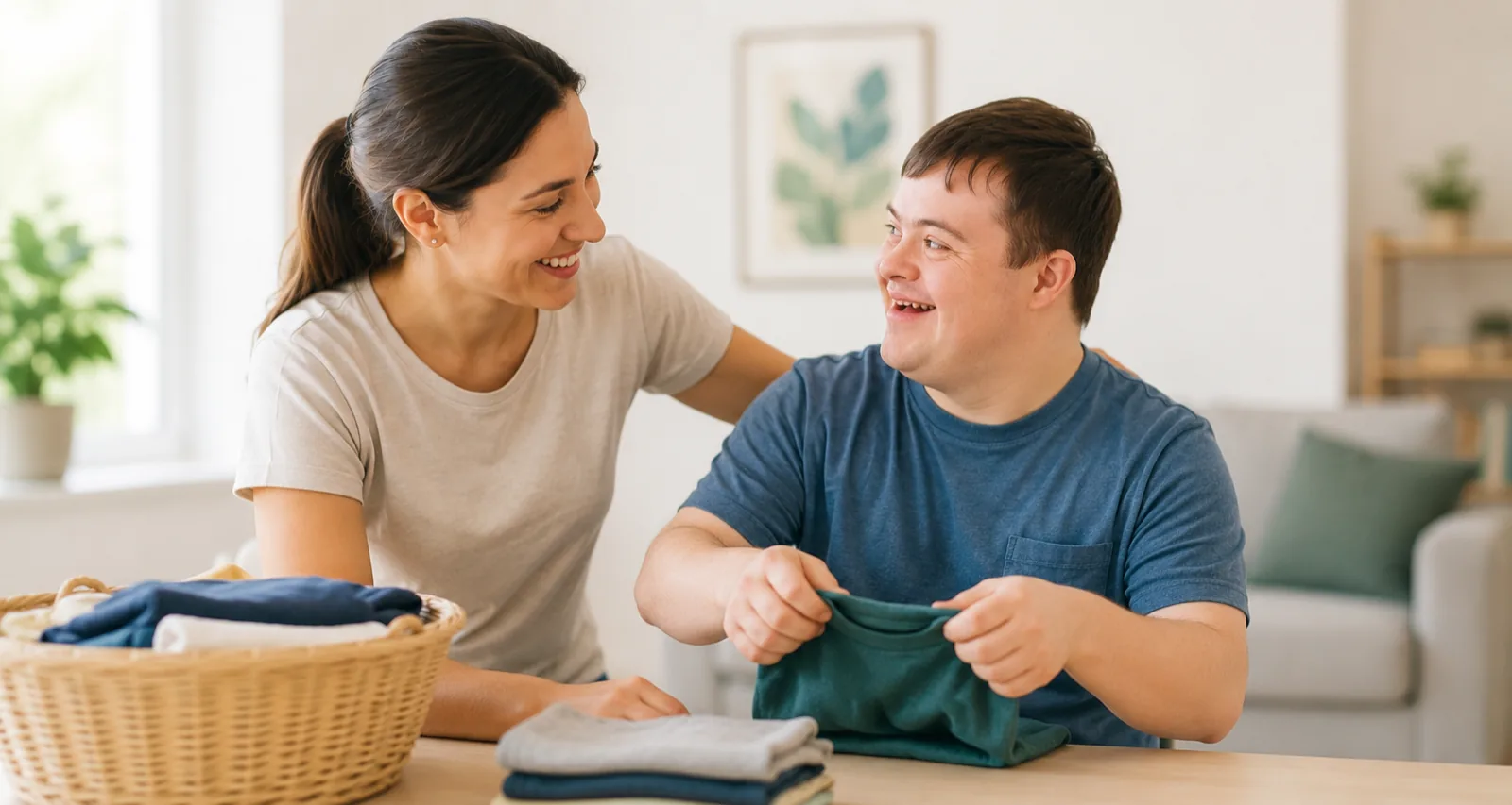 Two people folding laundry together at a table in a bright living room, laughing.