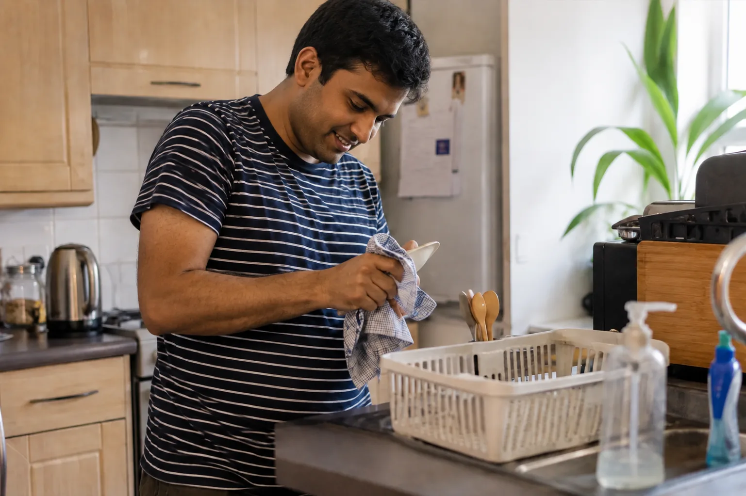 A man drying a plate with a tea towel in a kitchen, smiling.